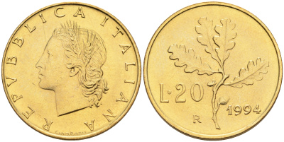 Италия 20 лир 1994 R, дубовый лист KM 97.2 алюминиевая бронза  UNC  4594-917
