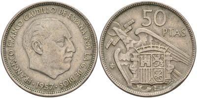 Испания 50 песет 1957 (59) Хуан Карлос I (1975 - 2014) KM 788 медно-никель 4149-1123