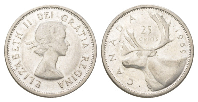 Канада 25 центов 1959 Елизавета II (1952-2022), олень KM 52 серебро UNC 4622-831