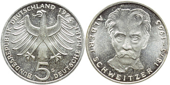 ФРГ 5 марок 1975 G, 100 лет со дня рождения Альберта Швейцара KM 143, J.418 серебро UNC 4178-1222