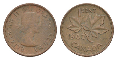 Канада 1 цент 1963 Елизавета II (1952-2022), кленовый лист KM 49 бронза 4630-539