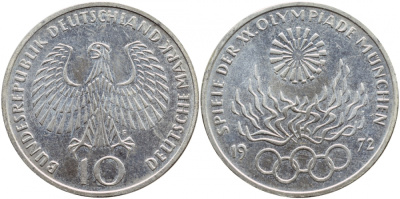 ФРГ 10 марок 1972 F, XX летние Олимпийские игры 1972 года в Мюнхене, олимпийский огонь KM 135, J.405 серебро UNC 1520-1513