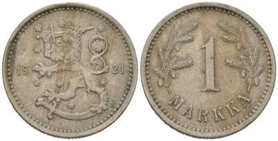 Финляндия 1 марка 1921 H KM 27 медно-никель 77-415