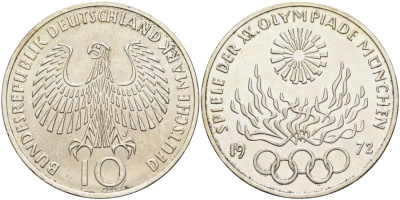 ФРГ 10 марок 1972 J, XX летние Олимпийские игры 1972 года в Мюнхене, олимпийский огонь KM 135, J.405 серебро UNC 4558-223