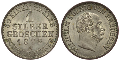 ПРУССИЯ 1 ГРОШ 1872 A KM 485 серебро 1522-915