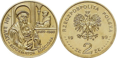 Польша 2 злотых 1999 MW, 500 лет со дня рождения Яна Лаский KM 363 нордик UNC 4521-522