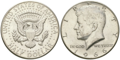 США 1/2 доллара (50 центов) 1966 Джон Кеннеди KM 202a серебро UNC 221-1014