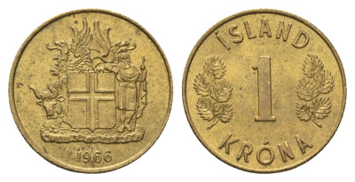 Исландия 1 крона 1966 KM 12a никель латунь aUNC 4695-527