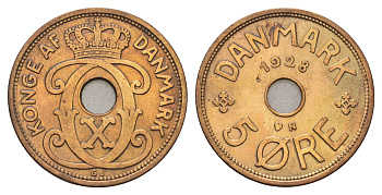 Дания 5 эре 1928 N, Кристиан X (1912-1947) KM 828 бронза 4700-825