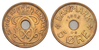 Дания 5 эре 1928 N, Кристиан X (1912-1947) KM 828 бронза 4700-825