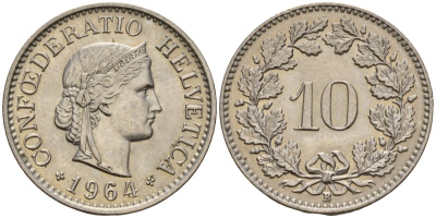 Швейцария 10 раппенов 1964 B KM 27 медно-никель 4189-367