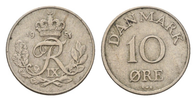 Дания 10 эре 1951 C.S, Фредерик IX (1947-1972) KM 841 медно-никель 4701-936