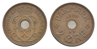 Дания 2 эре 1939 N, Кристиан X (1912-1947) KM 827 бронза 4639-766