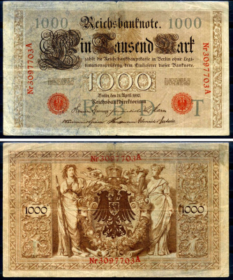 Германия 1000 марок 1910 21 апреля 1910, красная печать, номер семизначный, серия A, буква T, выпуск АПРЕЛЬ - ИЮЛЬ 1918 Pick 44 b бумага 2194-36-1-1