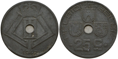 Бельгия 25 сантимов 1942 Belgique - Belgie KM 131 цинк 33-1157