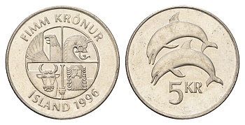 Исландия 5 крон 1996 дельфины KM 28a сталь плакированная никелем UNC 4586-457