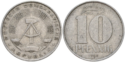 ГДР 10 пфеннигов 1968 A KM 10 алюминий 55-633