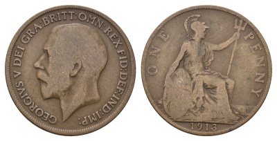 Великобритания 1 пенни 1913 Георг V (1910-1936) KM 810, Spink 4051 бронза 4692-646