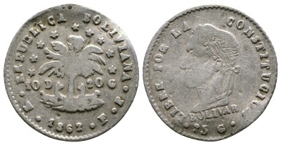 Боливия 1/2 соля 1862 FP KM 133.2 серебро 4178-226