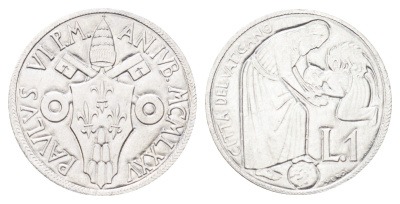Ватикан 1 лира 1975 MCMLXXV, Священный год, Павел Vi, год-тип KM 124 алюминий UNC 4701-525