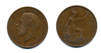Великобритания 1 пенни 1921 Георг V (1910-1936) KM 810, Spink 4051 бронза 47-534
