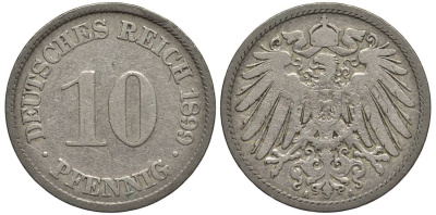 Германия 10 пфеннигов 1899 A KM 12, Jager 13, Weege 8 медно-никель 219-317