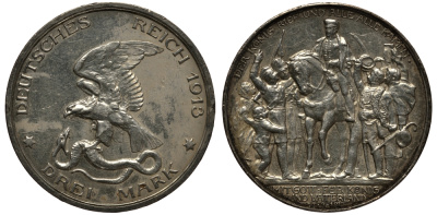 Пруссия 3 марки 1913 Вильгельм II (1888-1918), 100 лет победы над Наполеоном KM 534, J. 110 серебро 3711-1213