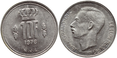 Люксембург 10 франков 1976 Герцог Жан (1964-2000) KM 57 никель 4398-842