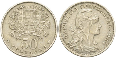 Португалия 50 сентаво 1964 голова Свободы вправо KM 577 медно-никель 4513-1221