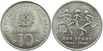 ГДР 10 марок 1988 A, 40 лет союзу физкультуры и спорта ГДР KM 125, J. 1623 медно-никель UNC 4394-323