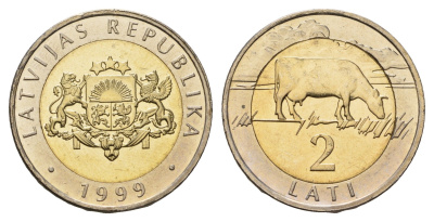 Латвия 2 лата 1999 корова KM 38 биметалл UNC 4652-951