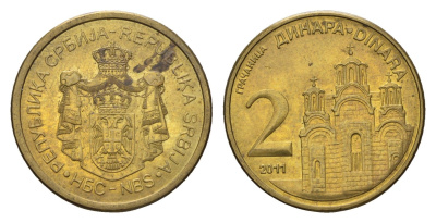 Сербия 2 динара 2011 KM 55 сталь плакированная латунью 4701-1255