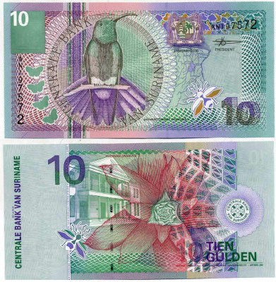 Суринам 10 гульденов 2000 колибри-манго, цветок Pick 147 бумага UNC (пресс) 7484-73-2