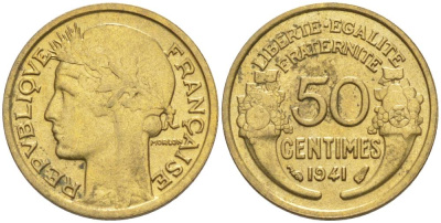 ФРАНЦИЯ 50 САНТИМОВ 1941 ТИП MORLON KM 894.1, LE FRANC 192.18 алюминиевая бронза 44-647