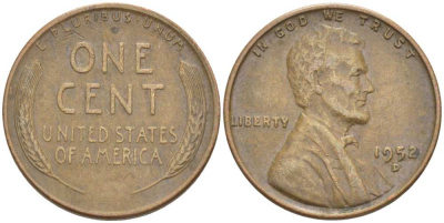 США 1 ЦЕНТ 1952 D, ЛИНКОЛЬН KM А132 медь цинк 3309-725