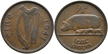 Ирландия 1/2 пенни 1941 свинья с поросятами KM 10 бронза 4525-1115