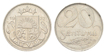 Латвия 20 сантимов 1922 год-тип KM 5 никель 4705-453
