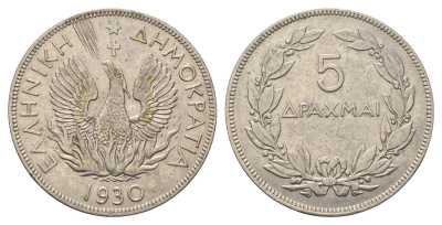 Греция 5 драхм 1930 фенис в огне, год-тип KM 71.1 никель 4692-311