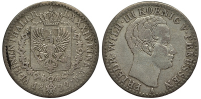Пруссия 1/6 талера 1822 A, Фридрих Вильгельм III (1797-1840) KM 411 серебро 00-00