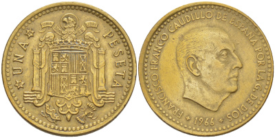 ИСПАНИЯ 1 ПЕСЕТА 1966 (70) ФРАНСИСКО ФРАНКО ДИКТАТОР ИСПАНИИ ( 1939- 1975) KM 796 алюминиевая бронза 216-614