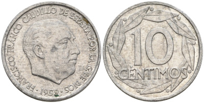 Испания 10 сентимо 1959 Франсиско Франко (1939-1975) KM 790 алюминий 4154-513