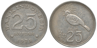 Индонезия 25 рупий 1971 год тип, венценосный голубь KM 34 медно-никель 4118-214