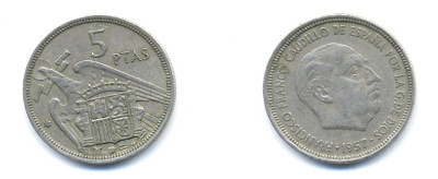 ИСПАНИЯ 5 ПЕСЕТ 1969 KM 786 медно-никель 54-1452