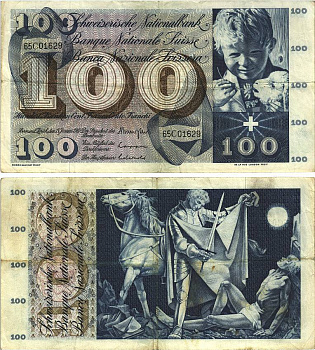 Швейцария 100 франков 1969 15 января 1969, серия 65 С, подпись 42 Pick 49 k бумага 8606-26-2-1
